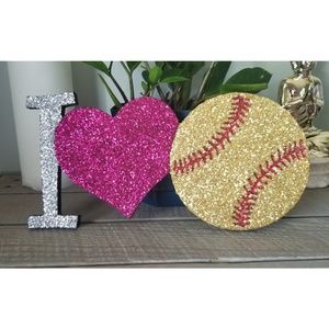 I Love softball/baseball glitter wooden sign